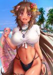  1girl animal_ears antenna_hair b-pang beach blush breasts brown_eyes brown_hair dark_skin day eyebrows_visible_through_hair flower hair_flower hair_ornament highres jewelry kaori_(princess_connect!) large_breasts long_hair looking_at_viewer navel necklace open_mouth outdoors princess_connect! princess_connect!_re:dive smile solo tail tan very_long_hair 