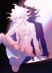  1boy ahoge bangs chain chained collar collarbone commentary_request curly_hair dangan_ronpa_(series) dangan_ronpa_another_episode:_ultra_despair_girls gloves grey_eyes highres jacket knees_up komaeda_nagito long_legs long_sleeves looking_at_viewer male_focus medium_hair messy_hair metal_collar monochrome open_clothes open_jacket pants red_nails shirt shoes sitting smile solo striped striped_shirt xiwang_xintu 