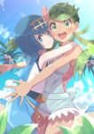  2girls alolan_exeggutor alolan_form bangs blue_eyes blue_hair blue_pants blush closed_mouth clouds commentary_request day floating_hair gen_7_pokemon green_eyes green_hair hair_ornament hairband highres hug lana_(pokemon) long_hair mallow_(pokemon) multiple_girls open_mouth otyaduke outdoors pants pokemon pokemon_(creature) pokemon_(game) pokemon_sm shiny shiny_hair shirt sky sleeveless sleeveless_shirt smile sparkle swept_bangs swimsuit swimsuit_under_clothes teeth tongue trial_captain twintails 