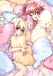  2girls bangs bed_sheet blonde_hair blue_shirt bow brown_eyes closed_mouth commentary_request eyebrows_visible_through_hair feathers from_above hair_bow hair_intakes highres holding holding_pillow iris_(nanoha) kuroi_mimei long_hair looking_at_viewer lying lyrical_nanoha mahou_shoujo_lyrical_nanoha_detonation multiple_girls on_back on_bed one_eye_closed open_mouth pajamas pillow red_eyes redhead shirt short_sleeves smile yuri_eberwein 