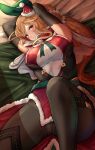  1girl armpits arms_behind_head arms_up bangs bare_shoulders belt black_gloves black_legwear blush breasts dragalia_lost dress elbow_gloves elisanne fur-trimmed_dress fur_trim gloves hat highres ippers large_breasts long_hair looking_at_viewer lying orange_hair red_dress red_headwear santa_costume santa_hat thigh-highs thighs violet_eyes 