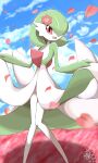  clouds commentary_request day flower gardevoir gen_3_pokemon highres holding jahana_mei looking_at_viewer open_mouth outdoors petals pink_flower pokemon pokemon_(creature) red_eyes signature sky smile solo standing tongue 