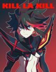  1girl black_hair blue_eyes breasts bzzt_gcxll closed_mouth english_text frown gradient gradient_background kill_la_kill looking_at_viewer matoi_ryuuko multicolored_hair navel revealing_clothes senketsu small_breasts solo under_boob 