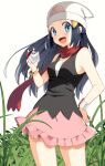  1girl :d absurdres beanie black_hair black_shirt blue_eyes blush bracelet commentary_request hikari_(pokemon) eyelashes floating_hair floating_scarf grass hand_on_hip hand_up hat highres holding holding_poke_ball jewelry looking_at_viewer open_mouth pink_skirt poke_ball poke_ball_(basic) pokemon pokemon_(game) pokemon_dppt red_scarf scarf shirt skirt sleeveless sleeveless_shirt smile solo white_headwear yuihico 