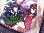  2girls :d alternate_costume animal_ears armchair azur_lane bangs bell black_hair blunt_bangs book bow brown_hair capelet carpet casual chair christmas christmas_tree commentary_request contemporary curtains cushion dress eyebrows_visible_through_hair fox_ears fox_girl fox_tail from_above green_dress hair_between_eyes hair_bow hair_ornament hair_ribbon holding holding_book horns long_hair looking_at_viewer looking_up mikasa_(azur_lane) mikoto_(mikoto_r_a) multiple_girls nagato_(azur_lane) open_mouth orange_eyes parted_lips ribbon seiza sitting smile snowing tail window yellow_eyes 