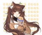  1girl ahoge animal_ears blush bow brown_eyes brown_hair brown_hoodie commentary dog_ears english_commentary hair_bow hair_leaf hands_up highres hood hoodie indie_virtual_youtuber long_hair long_sleeves looking_at_viewer shiba_inu smile solo teru_(terupancake) terupancake twintails twitter_username upper_body very_long_hair white_bow 