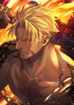  1boy aion_kiu bangs beowulf_(fate/grand_order) blonde_hair dark_skin dark_skinned_male embers facial_hair fate/grand_order fate_(series) fire goatee looking_at_viewer male_focus muscle nipples over_shoulder parted_bangs pectorals red_eyes scar scar_on_cheek scar_on_chest scar_on_face shirtless short_hair shoulder_tattoo smile solo tattoo upper_body weapon weapon_over_shoulder 