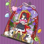  1girl bangs black_hair black_skirt blue_butterfly brown_footwear bug butterfly cactus chain cupcake diamond_(symbol) flower food gem halftone heart insect leaf long_hair original parted_lips petals purple_flower purple_rose rose sheep skirt smile solo sparkle teapot yoshimon 