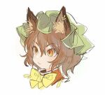  1girl animal_ear_fluff animal_ears bow bowtie brown_hair cat_ears chen commentary cropped_torso ear_piercing green_headwear grey_background hair_between_eyes hat mob_cap piercing portrait red_shirt shirt simple_background slit_pupils solo symbol_commentary touhou uxixe yellow_neckwear 