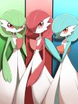  alternate_color closed_mouth commentary english_commentary gardevoir gen_3_pokemon hand_on_another&#039;s_shoulder hand_up highres jahana_mei looking_at_viewer open_mouth pokemon pokemon_(creature) red_eyes shiny_pokemon smile 
