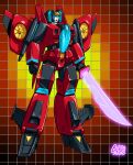  1980s_(style) 1girl airplane_wing artist_name autobot clenched_hands energy_sword english_commentary grid_background guido_guidi holding holding_sword holding_weapon mecha parody retro_artstyle solo standing style_parody sword transformers weapon windblade 