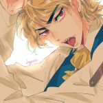  1boy blonde_hair collared_shirt cravat dio_brando eyebrows_visible_through_hair eyelashes highres jojo_no_kimyou_na_bouken kogatarou light long_sleeves looking_at_viewer male_focus mole open_mouth phantom_blood portrait red_eyes scrape sharp_teeth shirt short_hair signature simple_background solo teeth tongue tongue_out vest white_background yellow_neckwear 