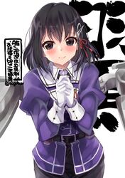  1girl black_eyes black_hair black_skirt blush character_name closed_mouth gloves haguro_(kantai_collection) hair_ornament jacket juliet_sleeves kantai_collection long_sleeves military military_uniform nigo pencil_skirt puffy_sleeves purple_jacket remodel_(kantai_collection) short_hair simple_background skirt solo tears twitter_username uniform white_background white_gloves 