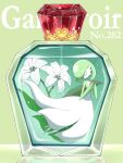  bottle character_name closed_eyes commentary_request flower gardevoir gen_3_pokemon green_background hands_up highres jahana_mei number perfume_bottle pokemon pokemon_(creature) solo white_flower 