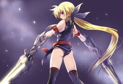  1girl arm_belt ass bangs bardiche black_legwear black_leotard black_ribbon blonde_hair closed_mouth commentary_request dual_wielding energy_sword eyebrows_visible_through_hair fate_testarossa from_behind gauntlets gloves grey_gloves hair_ribbon highres holding holding_weapon kuroi_mimei leotard light_particles long_hair looking_at_viewer looking_back lyrical_nanoha magical_girl mahou_shoujo_lyrical_nanoha_strikers ponytail red_eyes ribbon single_horizontal_stripe sleeveless smile solo sword thigh-highs very_long_hair weapon wind 