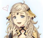  1girl ahoge blonde_hair circlet fingernails fire_emblem fire_emblem_fates grey_eyes hand_up heart highres laughing looking_at_viewer open_mouth ophelia_(fire_emblem) photoshop_(medium) simple_background smile solo taralyntired upper_body 