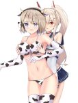  2girls animal_ears animal_print ayanami_(azur_lane) azur_lane black_choker black_hairband blue_sailor_collar breasts choker cow_ears cow_girl cow_horns cow_print cow_tail elbow_gloves eyebrows_visible_through_hair fake_animal_ears gloves grabbing grabbing_from_behind hairband headgear highres horns large_breasts light_brown_hair long_hair miniskirt multiple_girls pleated_skirt ponytail red_eyes sailor_collar short_hair simple_background skirt tail thigh-highs thighs two-tone_swimsuit very_long_hair violet_eyes white_background wide_sleeves z23_(azur_lane) zdj 