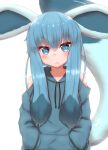  1girl :&lt; animal_ears bangs bare_shoulders blue_eyes blush closed_mouth clothing_cutout collarbone commentary_request eyebrows_visible_through_hair fang fang_out gen_4_pokemon glaceon green_hoodie hands_in_pockets highres hood hoodie horokusa_(korai) looking_at_viewer personification pokemon pokemon_(creature) pokemon_tail shiny shiny_hair shoulder_cutout solo white_background 