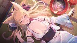  1girl animal_ears blonde_hair blush braid breasts cup erune fireworks granblue_fantasy highres japanese_clothes kimono long_hair lying on_back pink_eyes ponytail reflection rojione sakazuki yuisis_(granblue_fantasy) yukata 