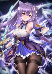  1girl bangs black_legwear blush breasts brown_legwear cyicheng dress frilled_gloves frilled_skirt frills genshin_impact gloves keqing_(genshin_impact) large_breasts long_hair looking_at_viewer pantyhose purple_dress purple_gloves purple_hair skirt smile solo sword thighs twintails violet_eyes weapon 