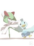  ballet bird black_eyes closed_mouth commentary_request duck ducklett eye_contact gen_3_pokemon gen_5_pokemon highres jahana_mei kirlia looking_at_another pokemon pokemon_(creature) signature standing standing_on_one_leg 