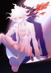  1boy ahoge bangs blood blood_on_wall blood_splatter chain chained collar collarbone commentary_request curly_hair dangan_ronpa_(series) dangan_ronpa_another_episode:_ultra_despair_girls gloves grey_eyes highres jacket knees_up komaeda_nagito long_legs long_sleeves looking_at_viewer male_focus medium_hair messy_hair metal_collar monochrome open_clothes open_jacket pants red_nails shirt shoes sitting smile solo striped striped_shirt xiwang_xintu 