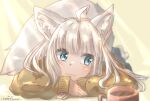 1girl :3 absurdres ahoge animal_ear_fluff animal_ears aqua_eyes artist_name blurry blurry_background blurry_foreground brown_cardigan cardigan coffee_mug commentary_request cup facing_viewer fox_ears fox_girl fox_tail head_rest head_tilt highres kotatsune light_rays long_sleeves looking_away looking_to_the_side lying medium_hair mug on_stomach original own_hands_together solo sunbeam sunlight tail white_hair yellow_background 
