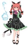  1girl animal_ear_fluff animal_ears bangs black_dress black_ribbon blush braid breasts cat_ears cat_tail chups closed_mouth commentary dress extra_ears eyebrows_visible_through_hair frilled_dress frills full_body hand_on_own_chin highres hitodama kaenbyou_rin leg_ribbon long_hair long_sleeves looking_at_viewer mary_janes medium_breasts multiple_tails nekomata no_socks nose_blush red_eyes red_nails redhead ribbon shoes simple_background skull solo tail touhou twin_braids twintails two_tails wavy_mouth white_background wide_sleeves 