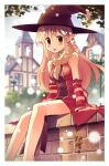  1girl absurdres animal_around_neck bangs blonde_hair blurry blurry_background blush body_blush border breasts brick_wall building clouds commentary_request day depth_of_field detached_sleeves doridori dress feet_out_of_frame fox hair_between_eyes hat highres house lamppost long_hair looking_at_viewer medium_breasts open_mouth outdoors professor_(ragnarok_online) ragnarok_online red_dress red_eyes red_sleeves sitting sky sleeveless sleeveless_dress solo star_(symbol) tree white_border window witch_hat 