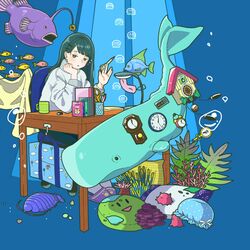  1girl alarm_clock anglerfish black_hair bubble clock coral cup fish flapjack_octopus hair_ornament hairclip half-closed_eyes leaf long_hair long_sleeves mug original pencil pillow scissors sitting sleep_mask slippers solo sweater table white_sweater wide_shot yoshimon 