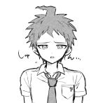  1boy ahoge bangs breast_pocket collarbone collared_shirt dangan_ronpa_(series) dangan_ronpa_2:_goodbye_despair greyscale hinata_hajime looking_at_viewer male_focus monochrome necktie open_mouth pocket shirt short_hair short_sleeves solo takagiri translation_request upper_body 