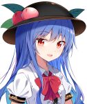  1girl :d bangs black_headwear blue_hair bow bowtie breasts center_frills collared_shirt e.o. eyebrows_visible_through_hair food frills fruit hat hinanawi_tenshi leaf long_hair looking_at_viewer open_mouth peach puffy_short_sleeves puffy_sleeves red_bow red_eyes red_neckwear shirt short_sleeves simple_background small_breasts smile solo touhou upper_body white_background white_shirt 