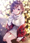  1girl bangs blurry blurry_background blush braid brown_hair commentary_request depth_of_field dress eyebrows_visible_through_hair hair_ribbon hand_up highres jewelry long_sleeves looking_at_viewer morikura_en original ribbon short_hair sitting sleeves_past_wrists smile solo sweater sweater_dress 