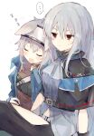  ... 2girls animal_ears arknights arm_support ascot black_legwear blue_jacket blush buttons closed_eyes clothing_cutout drooling grani_(arknights) grey_hair grey_shirt hair_between_eyes highres horse_ears jacket knee_up leaning_on_person long_hair multiple_girls open_mouth red_eyes shirt simple_background skadi_(arknights) sleeping spoken_ellipsis sweatdrop thigh_cutout toufu_mentaru_zabuton v-shaped_eyebrows visor white_background zzz 