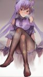  1girl bangs bare_shoulders blush brown_legwear commentary_request crossed_legs detached_sleeves dress eyebrows_visible_through_hair genshin_impact gloves hair_between_eyes head_tilt heavy_breathing highres keqing_(genshin_impact) legs long_hair no_shoes nose_blush pantyhose parted_lips purple_dress purple_gloves purple_hair red_eyes short_sleeves sitting sleeveless sleeveless_dress solo tomozero twintails very_long_hair 