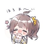  1girl ahoge alcohol bangs brown_hair chibi closed_eyes cup drinking drunk flower_(symbol) hair_between_eyes holding holding_cup hololive jacket long_sleeves natsuiro_matsuri nitumaruta sake scrunchie short_hair side_ponytail striped_jacket virtual_youtuber yellow_jacket yellow_scrunchie 