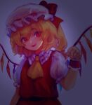  1girl absurdres ascot blonde_hair bow clenched_hand commentary_request crystal eyebrows_visible_through_hair fang flandre_scarlet flat_chest frilled_shirt_collar frills garan_co hair_between_eyes hand_up hat hat_bow head_tilt highres mob_cap one_side_up open_mouth puffy_short_sleeves puffy_sleeves red_bow red_eyes red_skirt red_vest short_hair short_sleeves simple_background skirt skirt_set smile solo touhou upper_body vest white_background white_headwear wide-eyed wings wrist_cuffs yellow_neckwear 