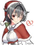  1girl black_hair breasts capelet commentary_request fur-trimmed_capelet fur-trimmed_headwear fur_trim hair_flaps hat jingei_(kantai_collection) kantai_collection large_breasts long_hair looking_at_viewer low_ponytail one_eye_closed red_capelet red_eyes red_headwear santa_hat shirt simple_background solo upper_body white_background white_shirt yunoji_yusuke 