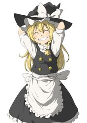  apron black_headwear black_vest bow braid commentary dress frilled_apron frilled_dress frilled_hat frilled_skirt frills grin hat hat_bow highres inuno_rakugaki kirisame_marisa long_hair puffy_short_sleeves puffy_sleeves short_sleeves skirt smile solo touhou vest waist_apron white_apron white_background white_bow witch_hat 