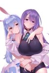  2girls animal_ears bangs blush breasts choker fur_scarf highres holding_hands hololive hololive_indonesia hug hug_from_behind kaneko_(bblogtinhan) large_breasts long_hair looking_at_viewer moona_hoshinova multicolored_hair multiple_girls purple_hair rabbit_ears rabbit_girl red_eyes short_shorts shorts simple_background smile starry_hair two-tone_hair usada_pekora v violet_eyes virtual_youtuber white_background 