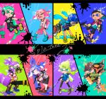  ;d beanie black_pants black_shorts blonde_hair character_request commentary_request furrowed_eyebrows green_eyes green_hair hat holding looking_at_viewer one_eye_closed open_mouth pants pink_eyes pink_hair shoes shorts smile smirk sneakers splatoon_(series) standing tagme yamakaji 