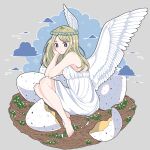  1girl angel_wings bare_legs barefoot blue_eyes clouds dress egg feathered_wings head_rest knees_up nest original sleeveless sleeveless_dress solo white_dress white_wings wings yoshimon 