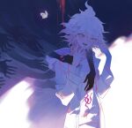  1boy bangs blood bloody_hands blush bug butterfly coat collarbone commentary_request crazy_eyes dangan_ronpa_(series) dangan_ronpa_2:_goodbye_despair finger_to_mouth grabbing grabbing_from_behind hair_between_eyes hand_up highres hood hood_down hooded_coat insect komaeda_nagito long_sleeves male_focus medium_hair messy_hair multiple_hands nail_polish open_mouth pink_blood print_shirt red_nails shirt smile solo_focus upper_body white_butterfly white_hair white_shirt xiwang_xintu 