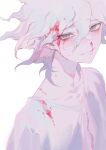  1boy bangs blood blood_on_face bloody_clothes closed_mouth collarbone commentary_request dangan_ronpa_(series) dangan_ronpa_2:_goodbye_despair face grey_eyes grey_hair highres komaeda_nagito looking_at_viewer male_focus messy_hair shirt simple_background smile solo sweat upper_body white_background white_shirt xiwang_xintu 