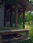  bamboo branch bush day falling_leaves fence highres koyuki_ekaki leaf no_humans original outdoors plank scenery shadow sliding_doors tall_grass tree veranda wall wooden_floor 