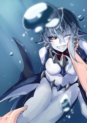  1boy 1girl absurdres bell_orgel black_sclera blonde_hair blush breasts fins gills grey_hair head_fins highres looking_at_viewer mermaid mershark_(monster_girl_encyclopedia) monster_girl monster_girl_encyclopedia one_eye_closed out_of_frame pov pov_hands shark_girl sharp_teeth smile solo_focus teeth underwater 