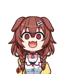  1girl :3 :d animal_ears bone_hair_ornament braid breasts brown_eyes brown_hair collar dog_ears face fangs hair_between_eyes hair_ornament hairclip hololive hololive_gamers inugami_korone jacket kagelantern long_hair looking_at_viewer off_shoulder open_mouth smile solo transparent_background twin_braids upper_body upper_teeth virtual_youtuber wide-eyed 