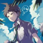  2boys asuna_(doruru-mon) bangs blurry blurry_foreground breast_pocket brown_eyes brown_hair collared_shirt commentary_request dangan_ronpa_(series) dangan_ronpa_2:_goodbye_despair depth_of_field dutch_angle green_neckwear hinata_hajime komaeda_nagito male_focus multiple_boys nanami_chiaki necktie outdoors palm_tree pocket shell shirt short_hair sky smile solo_focus teeth tree upper_body white_shirt 