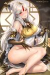  1girl :d bare_legs bare_shoulders blush breasts china_dress chinese_clothes deras dress dress_lift full_body genshin_impact hair_ornament high_heels highres large_breasts legs lifted_by_self looking_at_viewer ningguang open_mouth red_eyes smile solo white_hair 