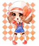  1girl blue_overalls brown_eyes checkered checkered_background commentary_request flat_chest legs_apart long_hair lyra_(pokemon) open_mouth overalls pokemon pokemon_(game) pokemon_hgss shoes solo standing twintails white_headwear yukiu_(yukiusagi913) 